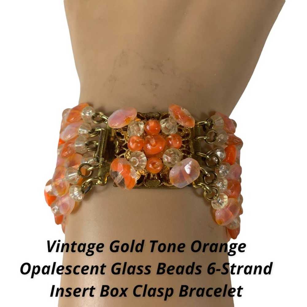 Vintage Gold Tone Orange Opalescent Glass Beads 6… - image 1