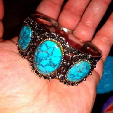 60's Vintage Faux Turquoise 3 stone cuff bracelet - image 1