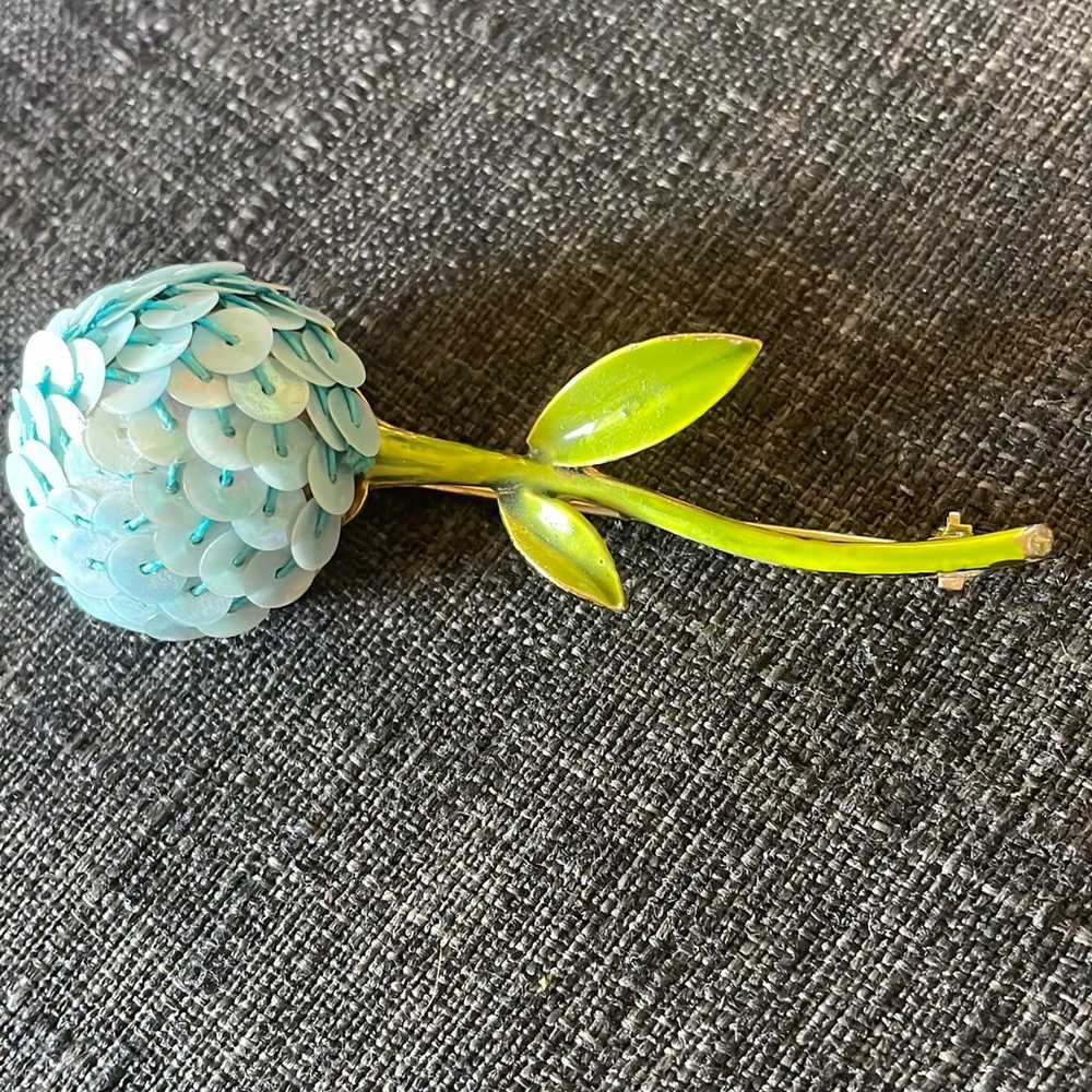 Vintage Blue Sequin Flower Brooch Pin with Green … - image 2