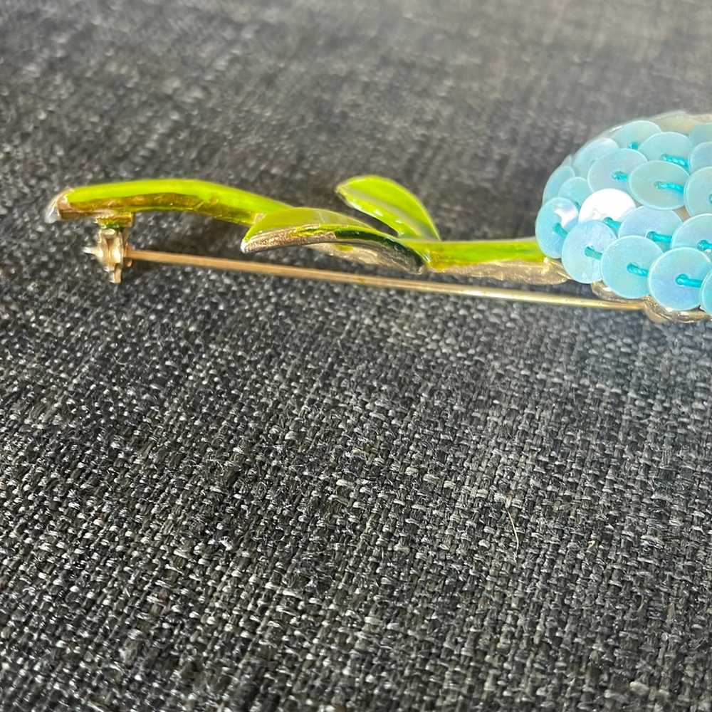 Vintage Blue Sequin Flower Brooch Pin with Green … - image 7