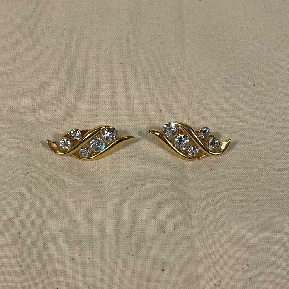 Vintage Gold & Faux Diamond Clip On Earrings - image 3