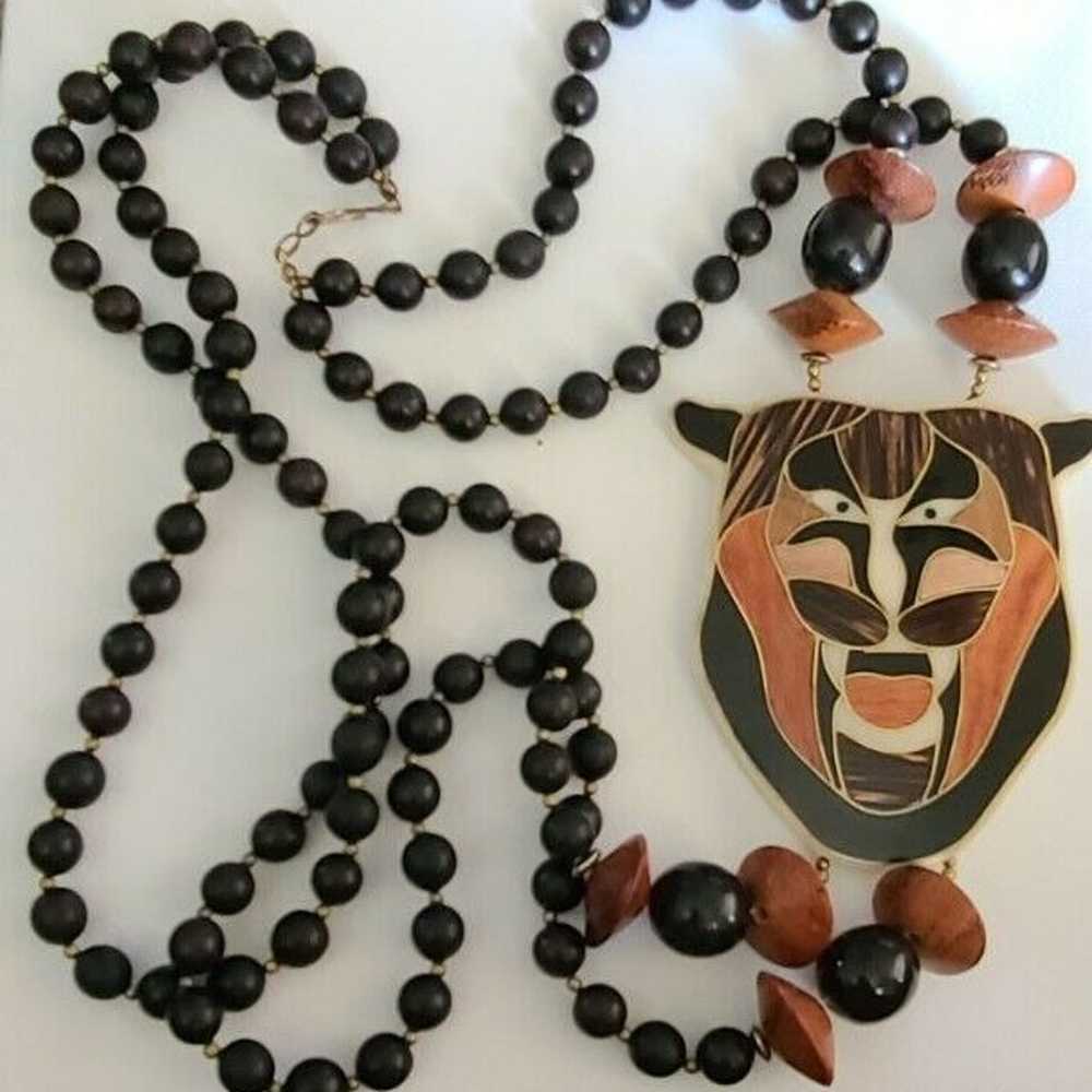 Wood Inlaid Tiger Lion Cat Necklace Vintage Beads… - image 1