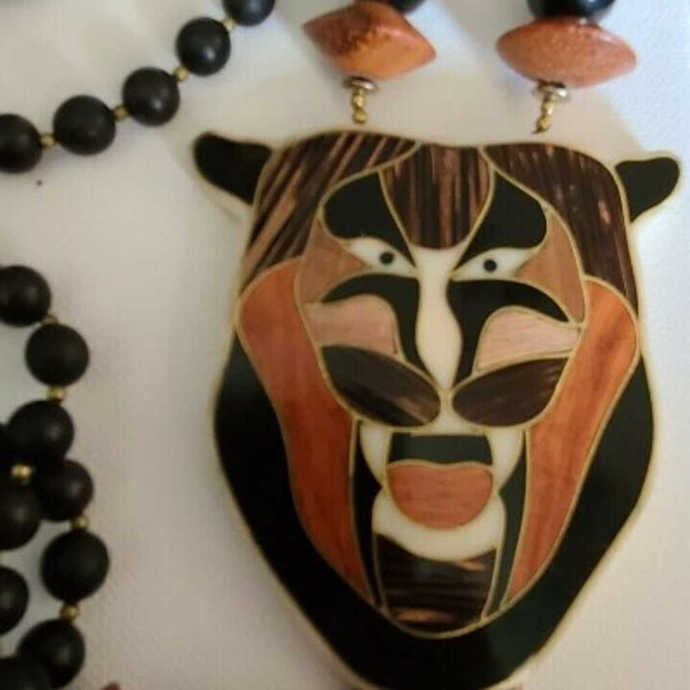 Wood Inlaid Tiger Lion Cat Necklace Vintage Beads… - image 2