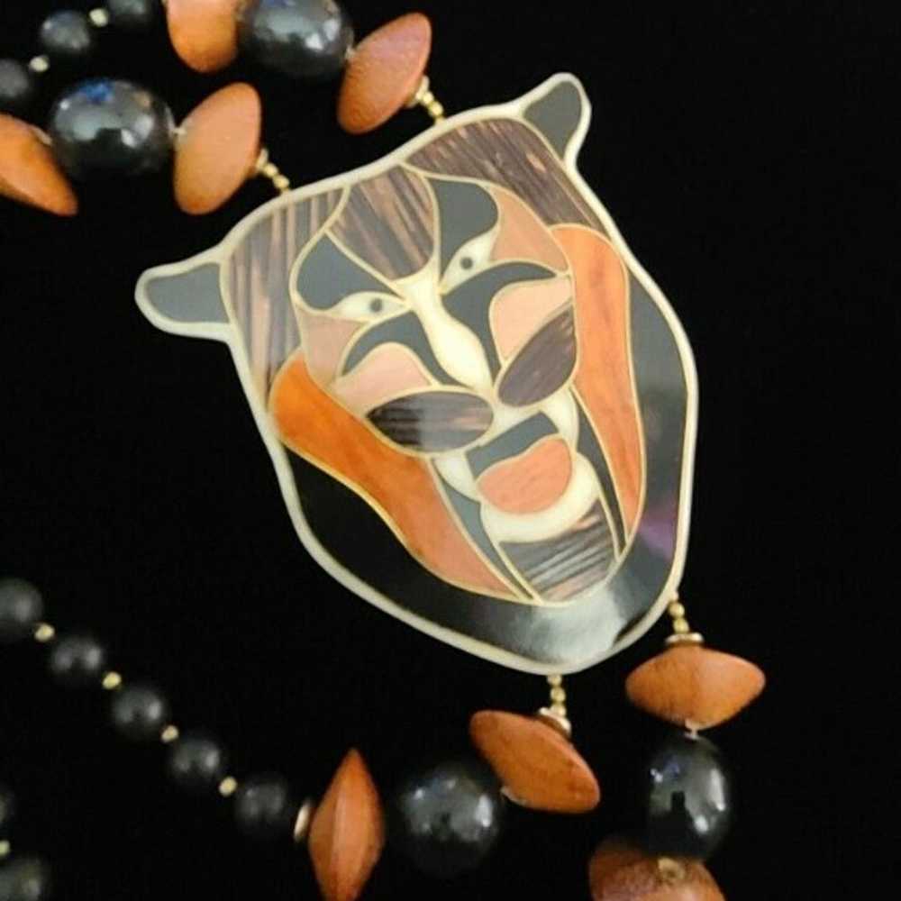 Wood Inlaid Tiger Lion Cat Necklace Vintage Beads… - image 3