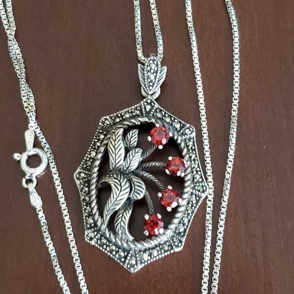 925 silver Vintage red stone and marcasite pendan… - image 1