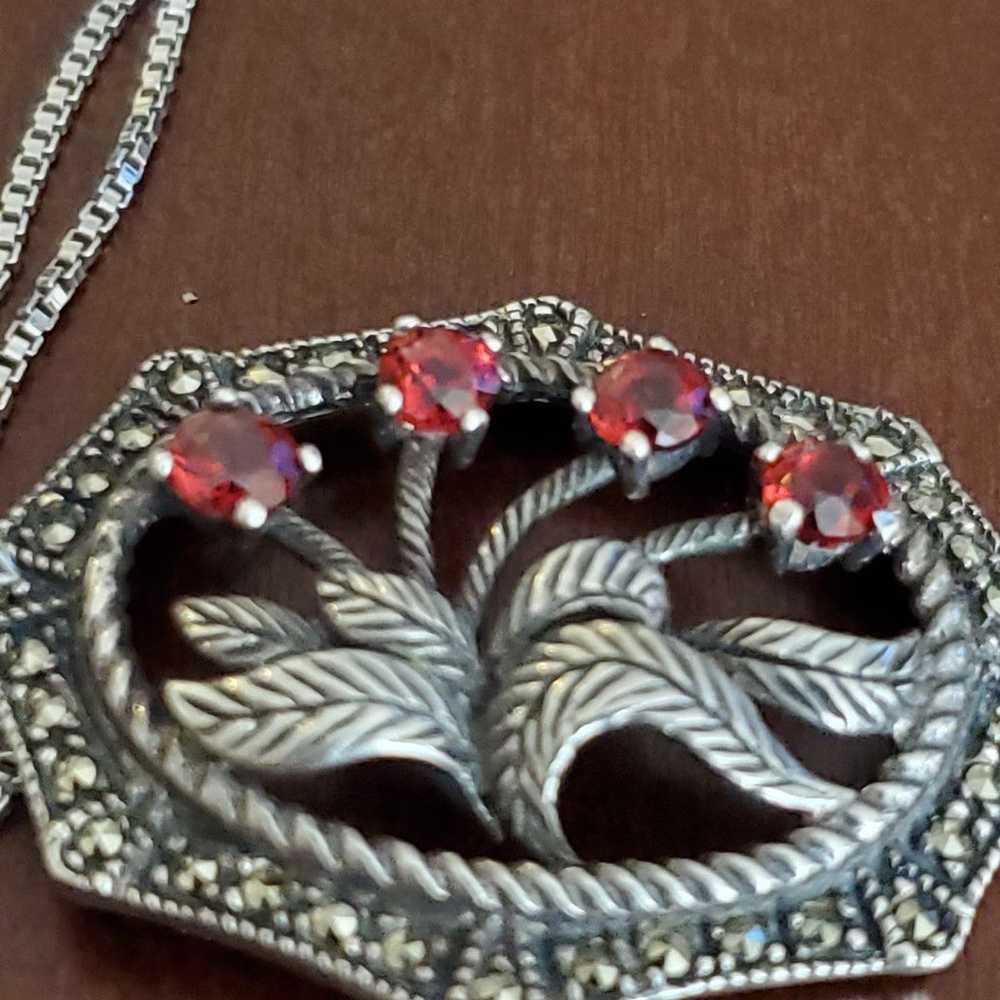 925 silver Vintage red stone and marcasite pendan… - image 3