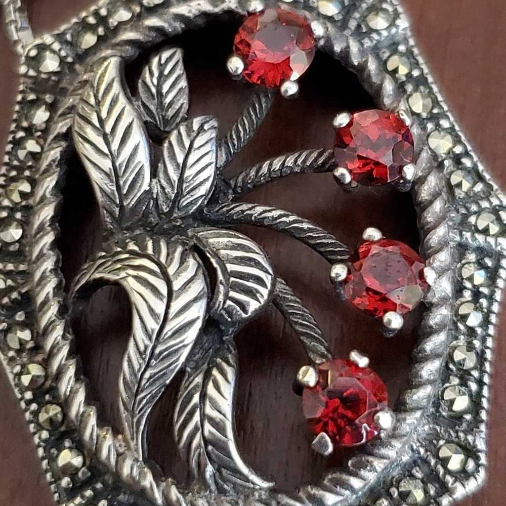 925 silver Vintage red stone and marcasite pendan… - image 5