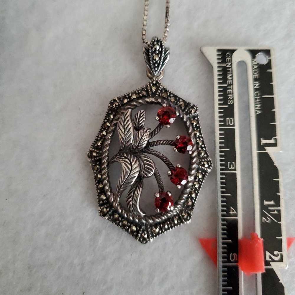 925 silver Vintage red stone and marcasite pendan… - image 8