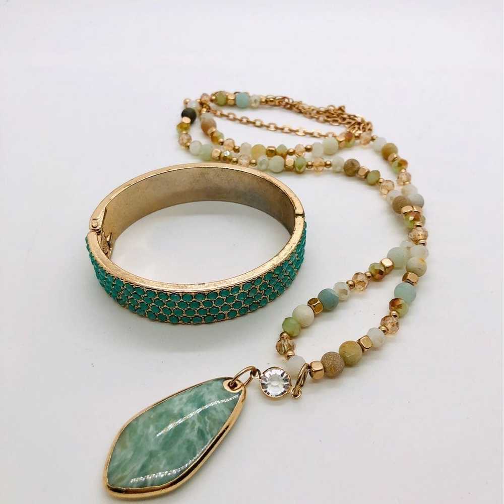 Vintage Green Bracelet & Long Pendant Necklace - image 1