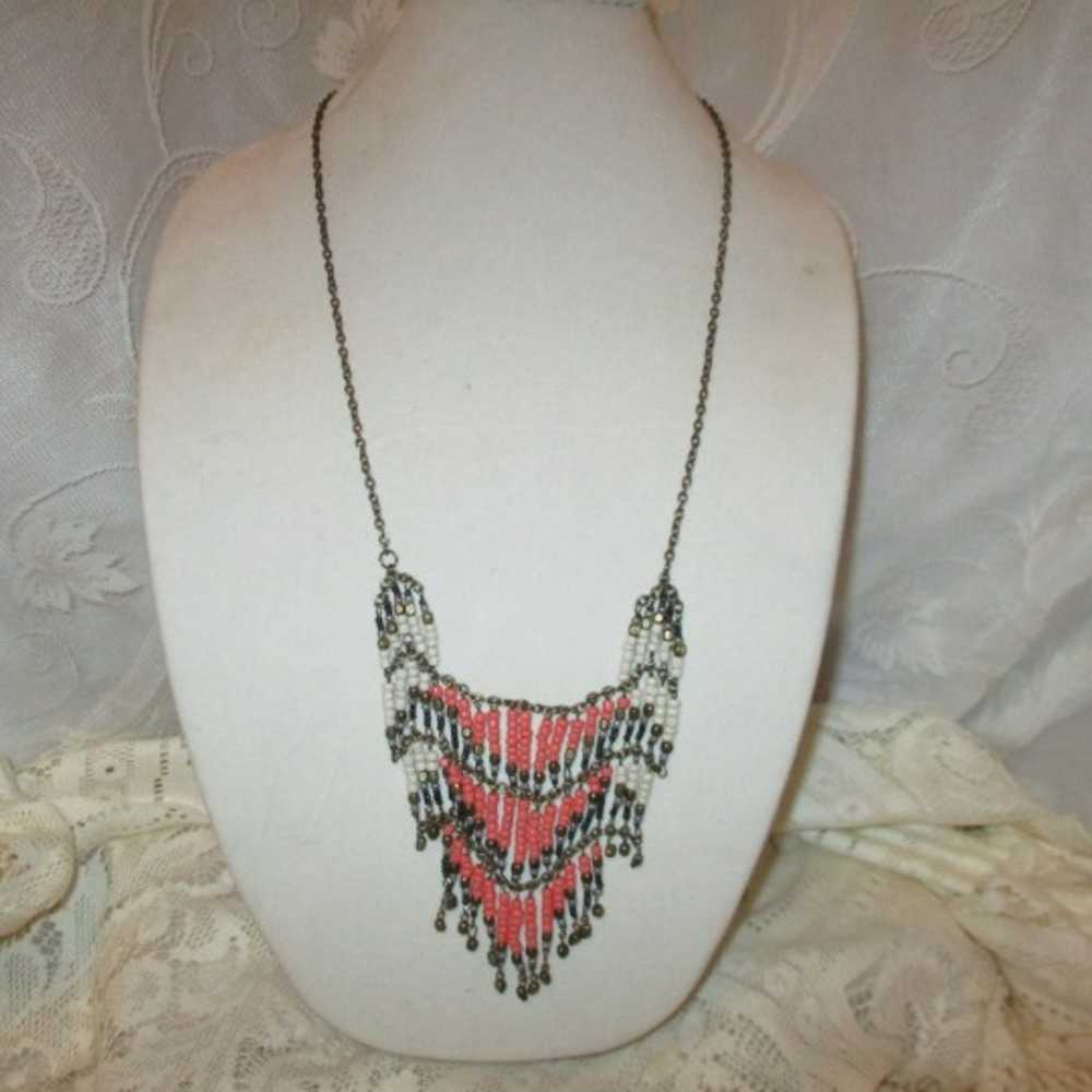 vintage beaded boho fringed bib necklace - image 1
