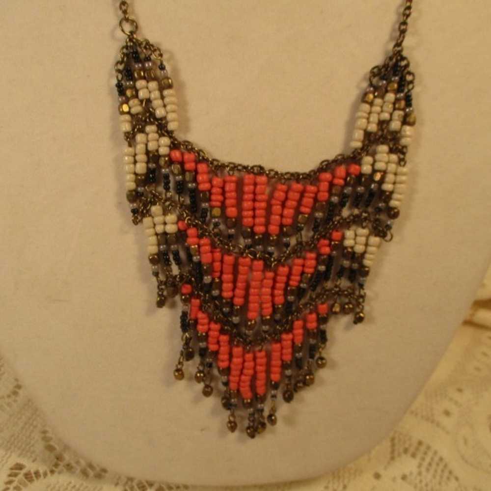 vintage beaded boho fringed bib necklace - image 3