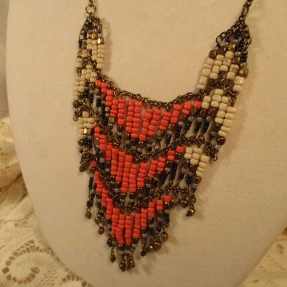 vintage beaded boho fringed bib necklace - image 4