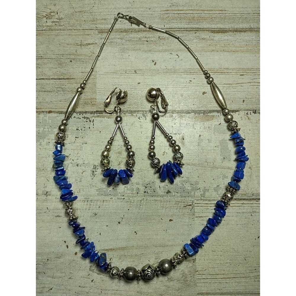 Vintage Lapis Lazuli Chip Bead Necklace and Dangl… - image 1