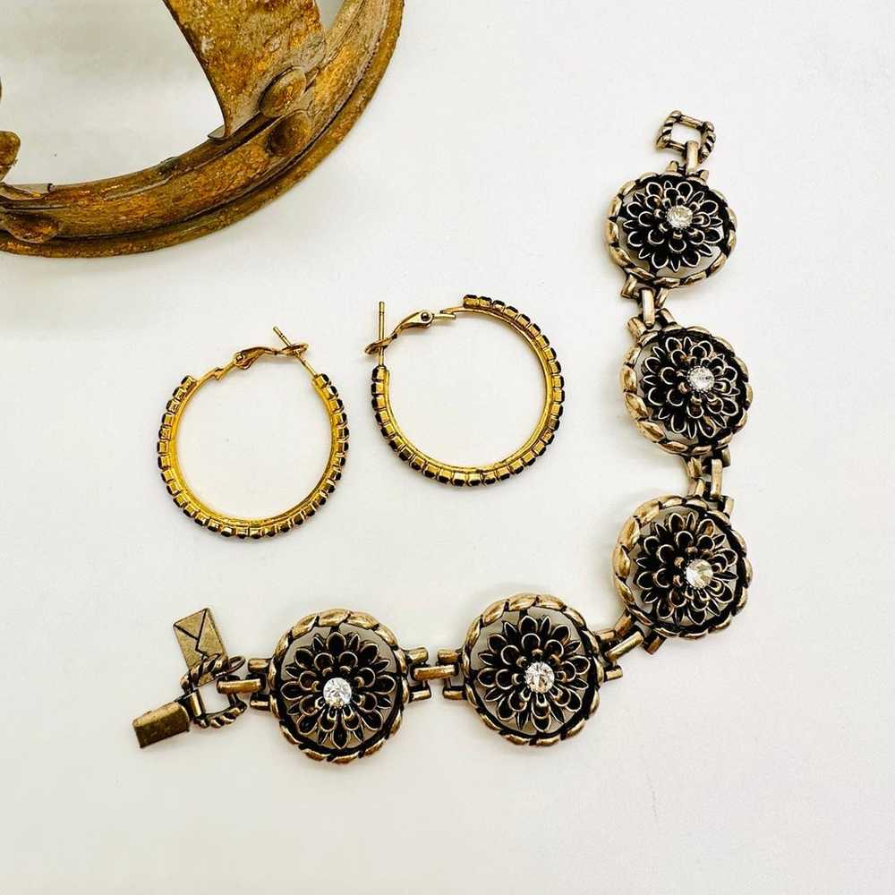 Vintage Rhinestone Flower Bracelet & Black rhines… - image 2