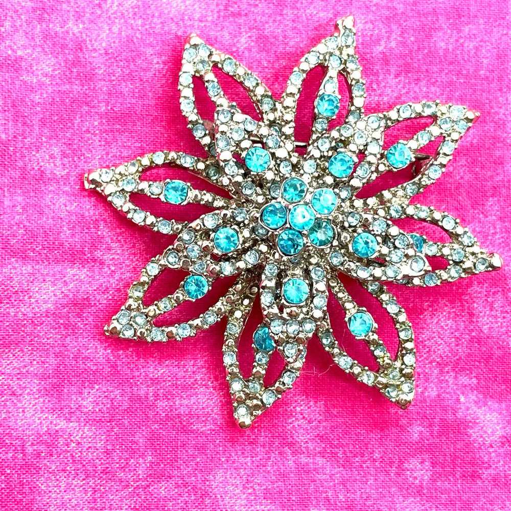 Vintage Blue and Clear Rhinestone Brooch - image 2