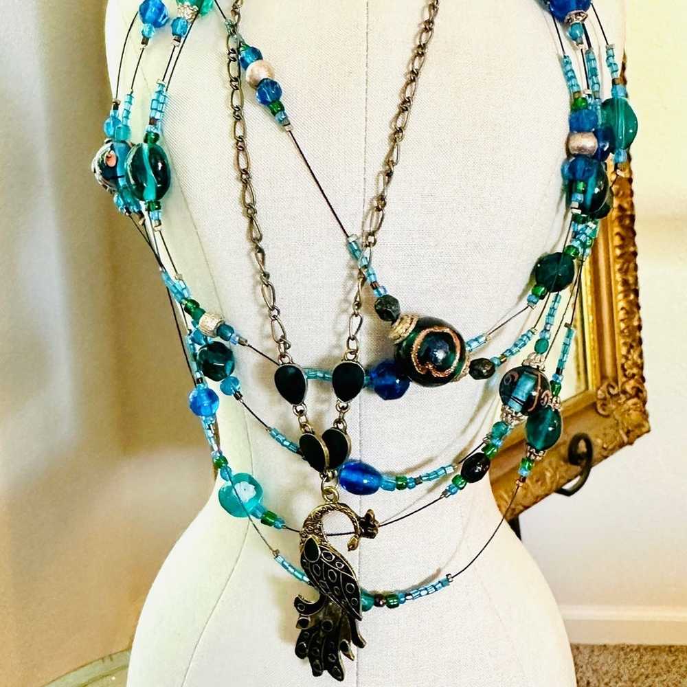 Modern Vintage Art Glass Bead & Peacock Necklace … - image 2