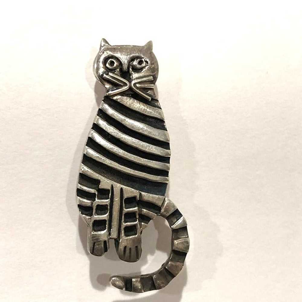 MCM Sterling Silver Cat Brooch Stamped Solid 1.75" - image 1