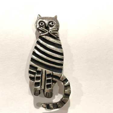 MCM Sterling Silver Cat Brooch Stamped Solid 1.75" - image 1