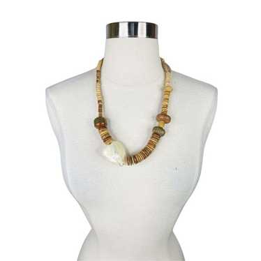 Vintage Wooden Bead & Shell Necklace - image 1