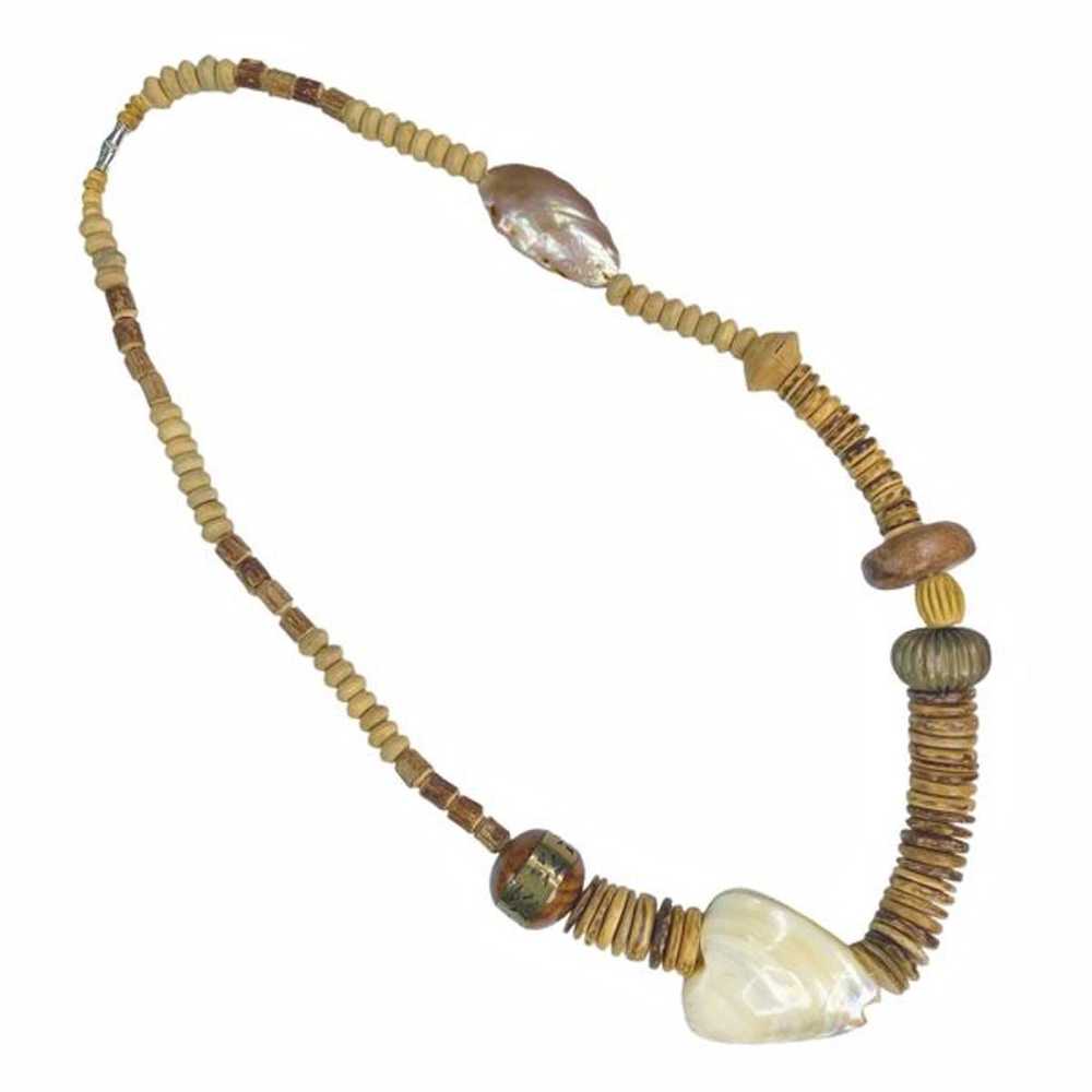 Vintage Wooden Bead & Shell Necklace - image 2