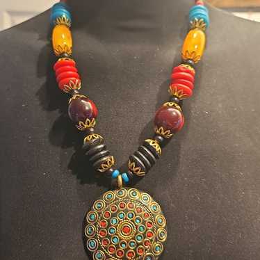 Tibetan Copper Pendant INLAY AND BEAD Necklace - image 1