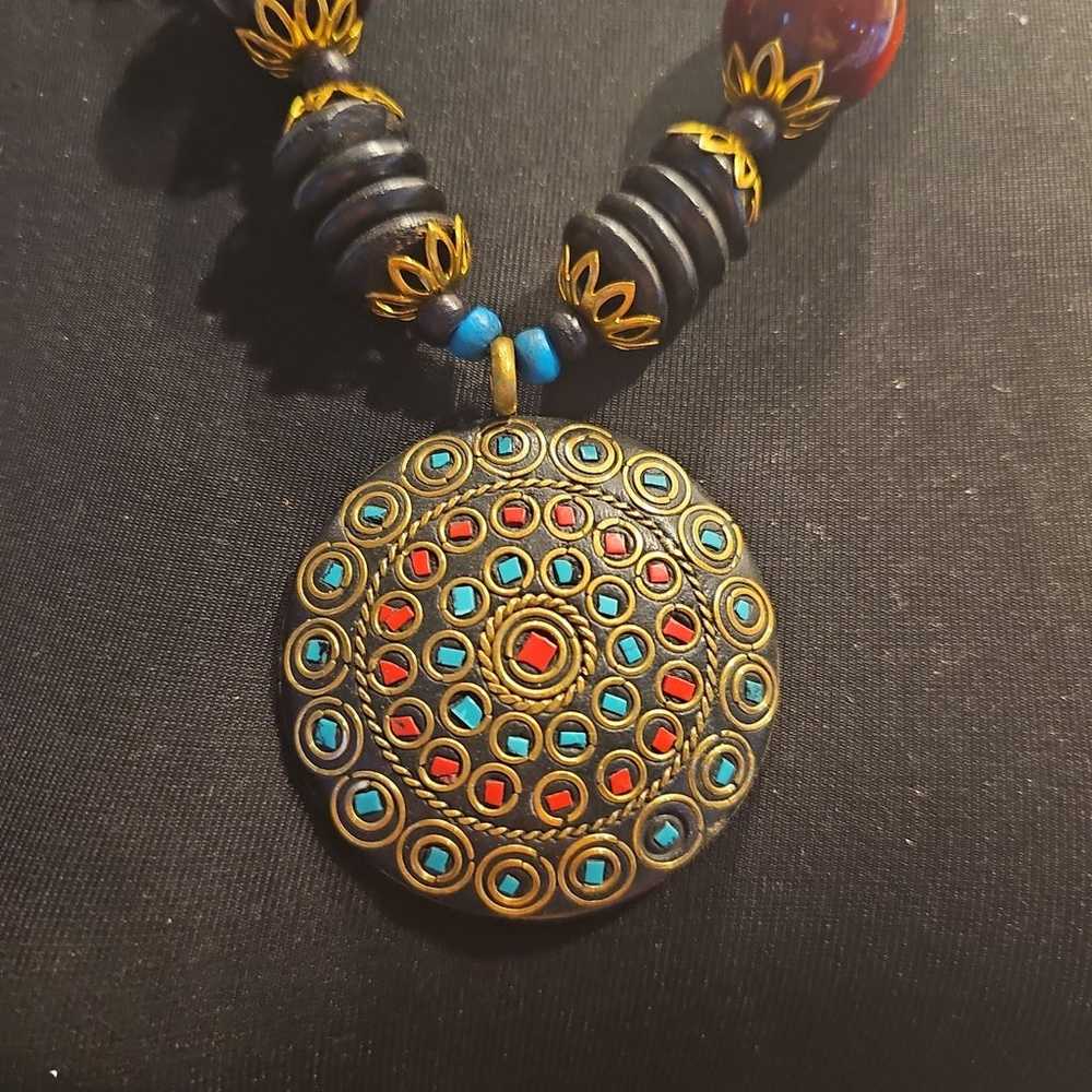 Tibetan Copper Pendant INLAY AND BEAD Necklace - image 2