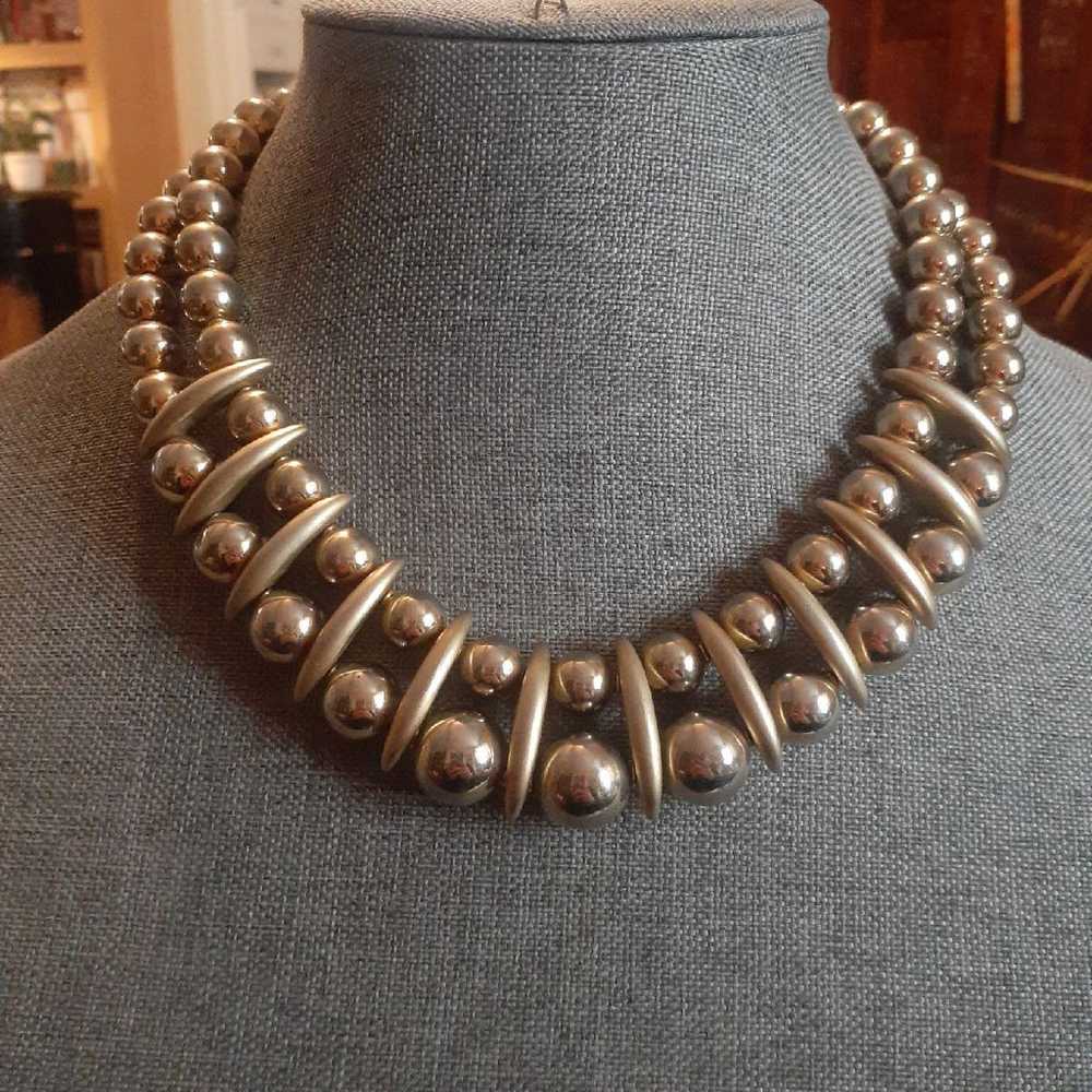 Vintage metal chain shiny gold tone bead multi st… - image 1