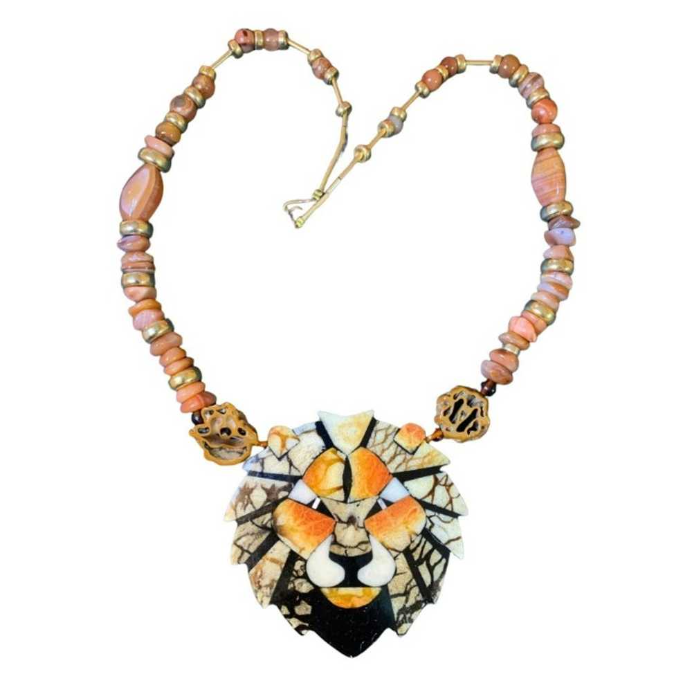Vintage Inlaid Lion Head Pendant Necklace Agate B… - image 5