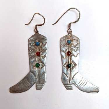 Vintage Sterling Silver Cowboy Boot Earrings Turq… - image 1