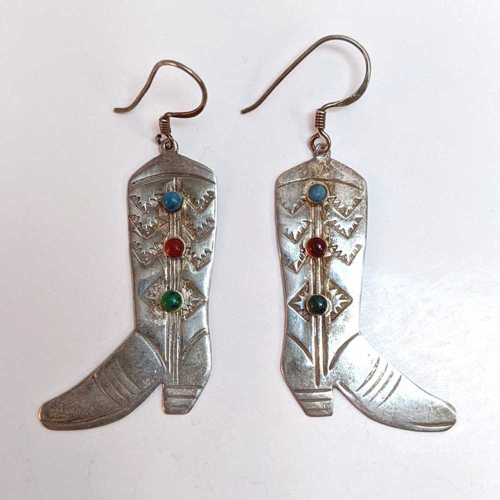 Vintage Sterling Silver Cowboy Boot Earrings Turq… - image 2