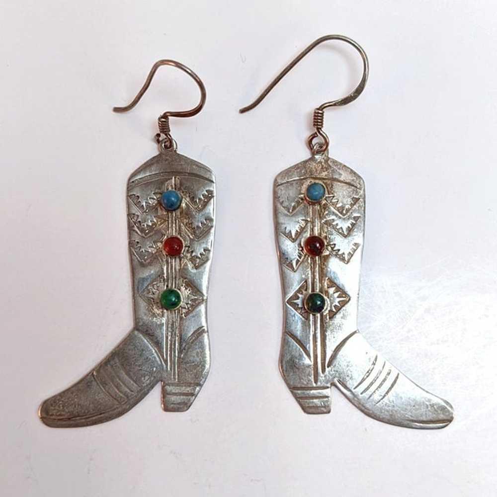 Vintage Sterling Silver Cowboy Boot Earrings Turq… - image 2