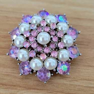 Gorgeous Pink with Faux Pearls Brooch Silvertone … - image 1