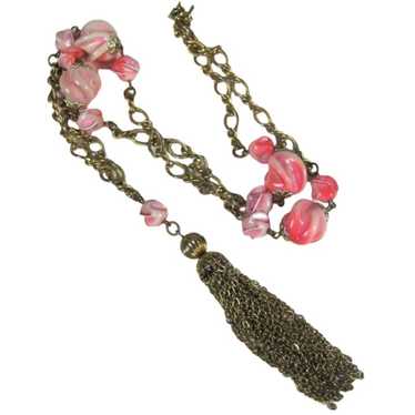 Necklace Goldtone Tassel String Strand Lucite Bea… - image 1