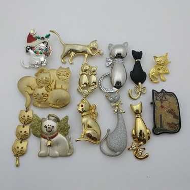 huge lot of vintage costume jewelry cat pin brooch - image 1
