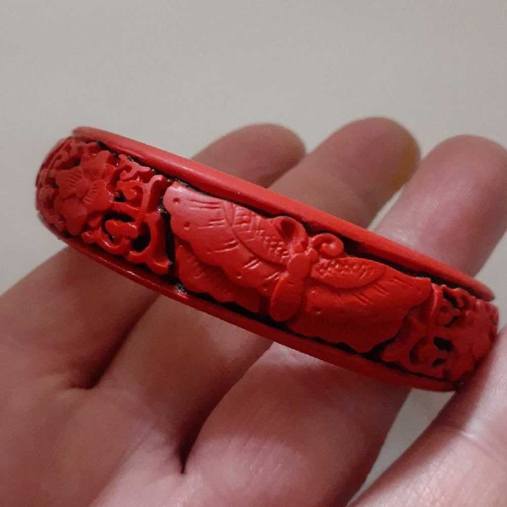 Vintage Chinese cinnabar carved butterfly design … - image 6
