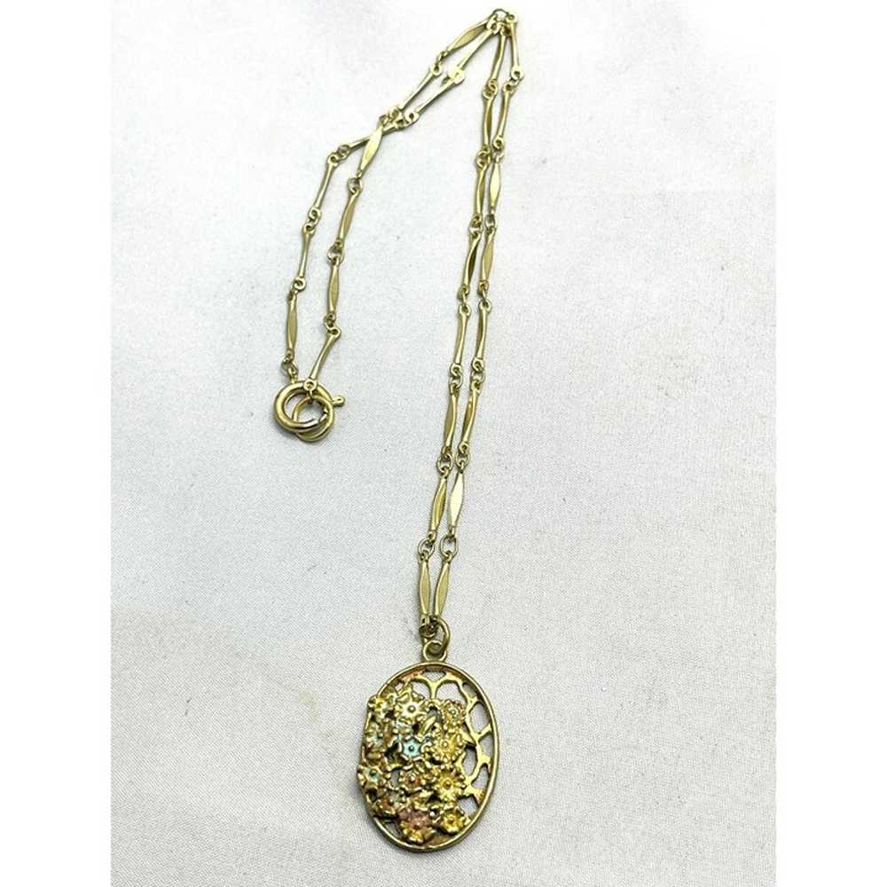 Vintage Floral Enamel Gold Tone Charm Necklace - image 1