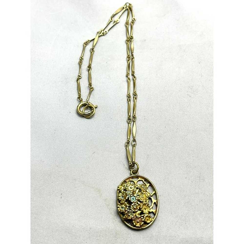 Vintage Floral Enamel Gold Tone Charm Necklace - image 2