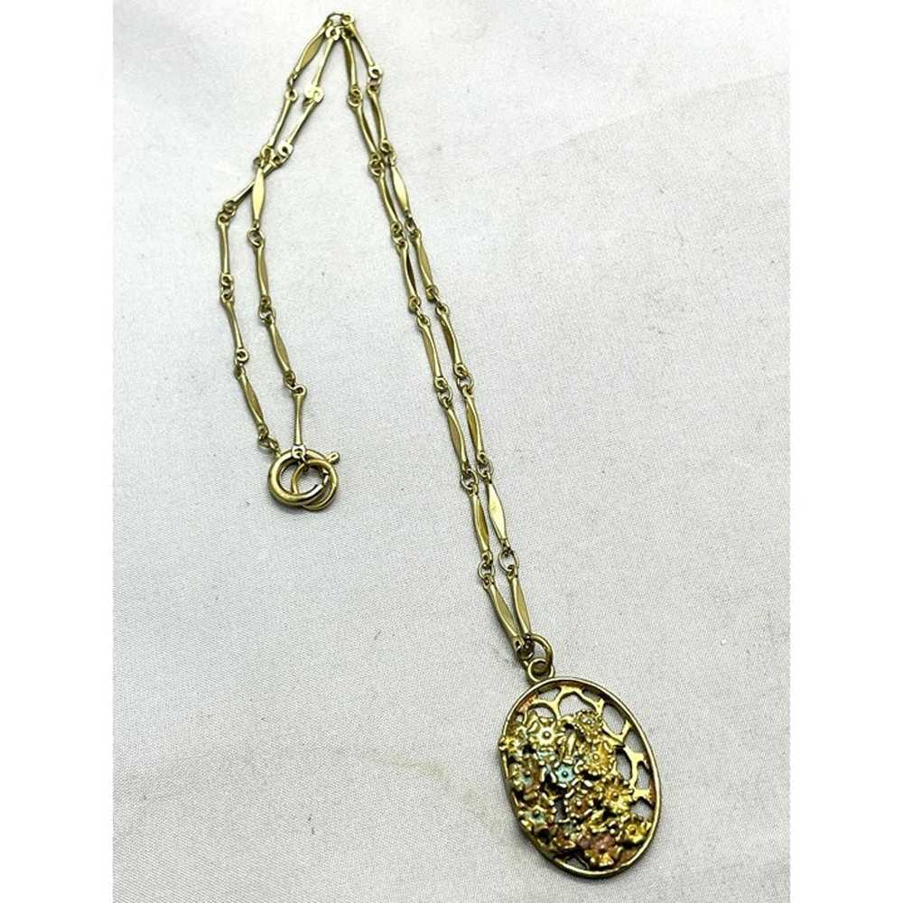Vintage Floral Enamel Gold Tone Charm Necklace - image 3