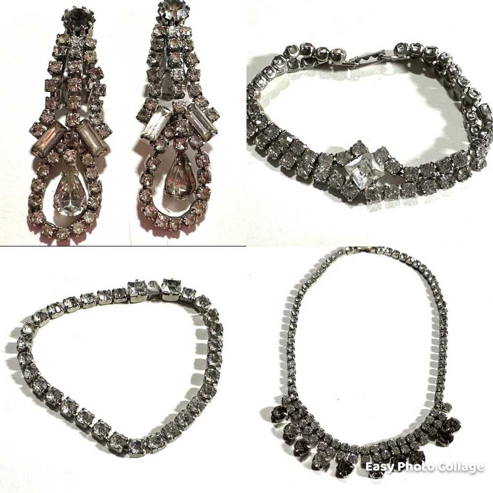 Vintage Rhinestone Necklace 2 Bracelets Clip On E… - image 1