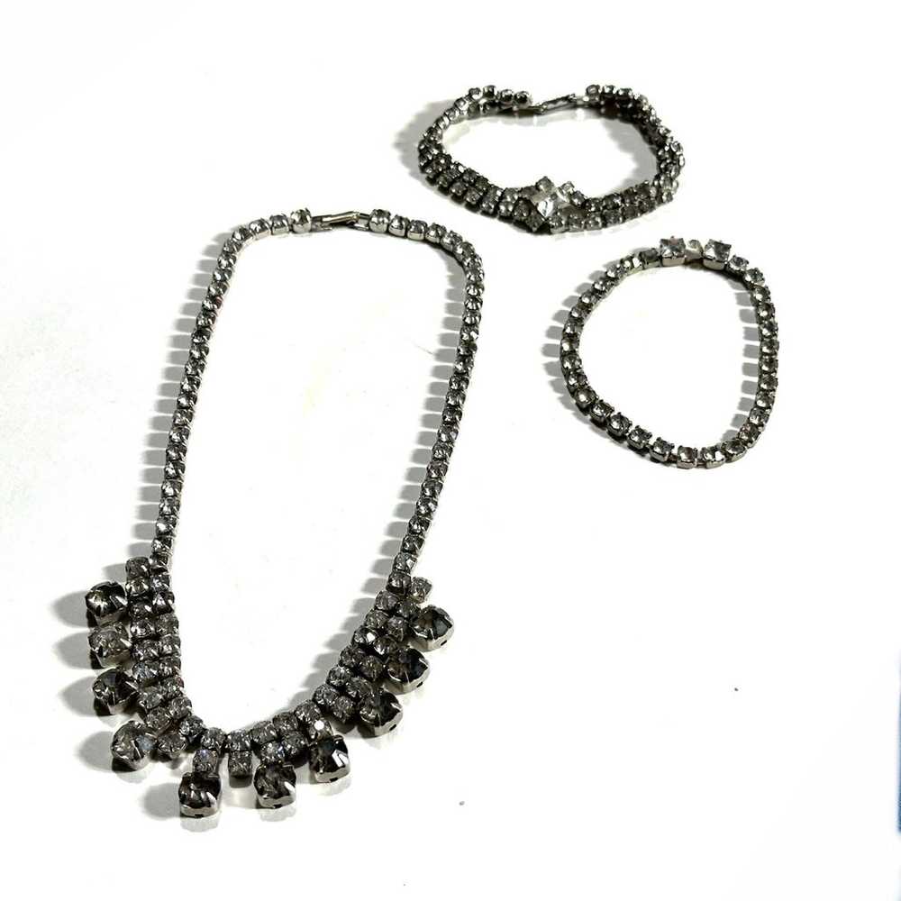 Vintage Rhinestone Necklace 2 Bracelets Clip On E… - image 2