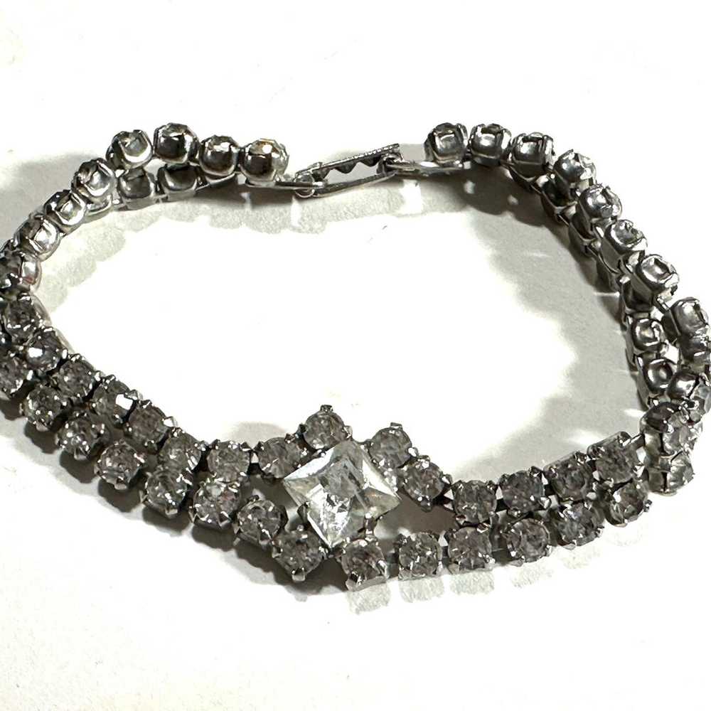 Vintage Rhinestone Necklace 2 Bracelets Clip On E… - image 5