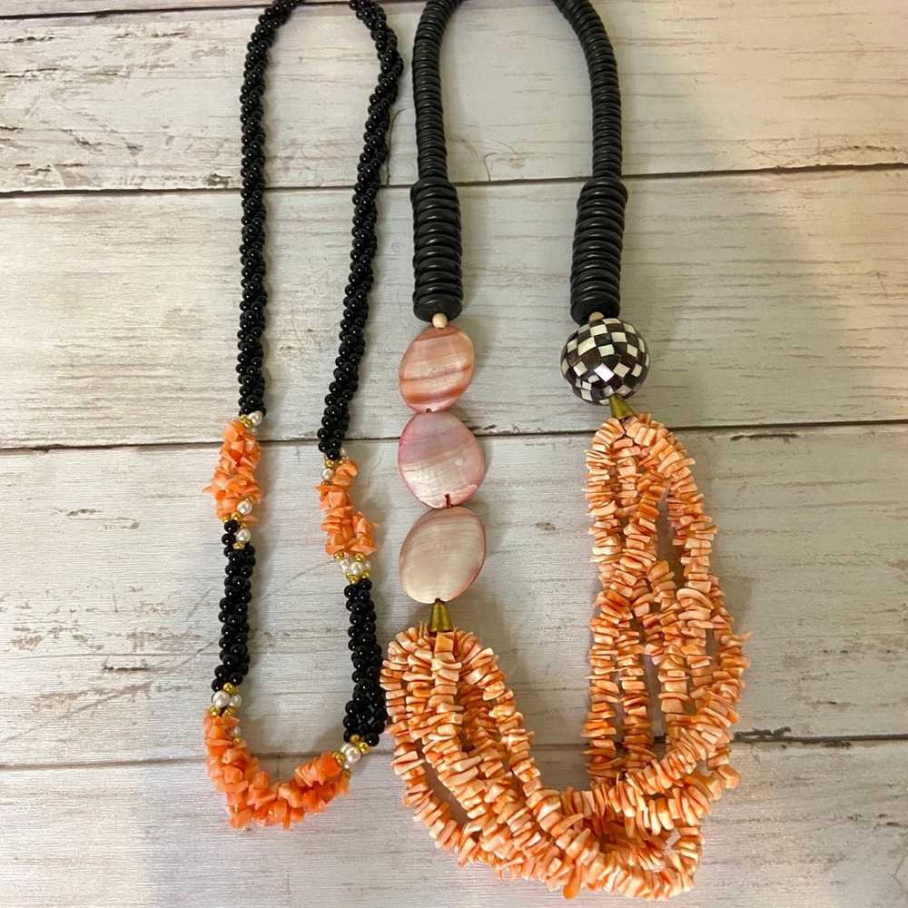 Set of Black & Coral Onyx, Wood & Shell Necklaces - image 1