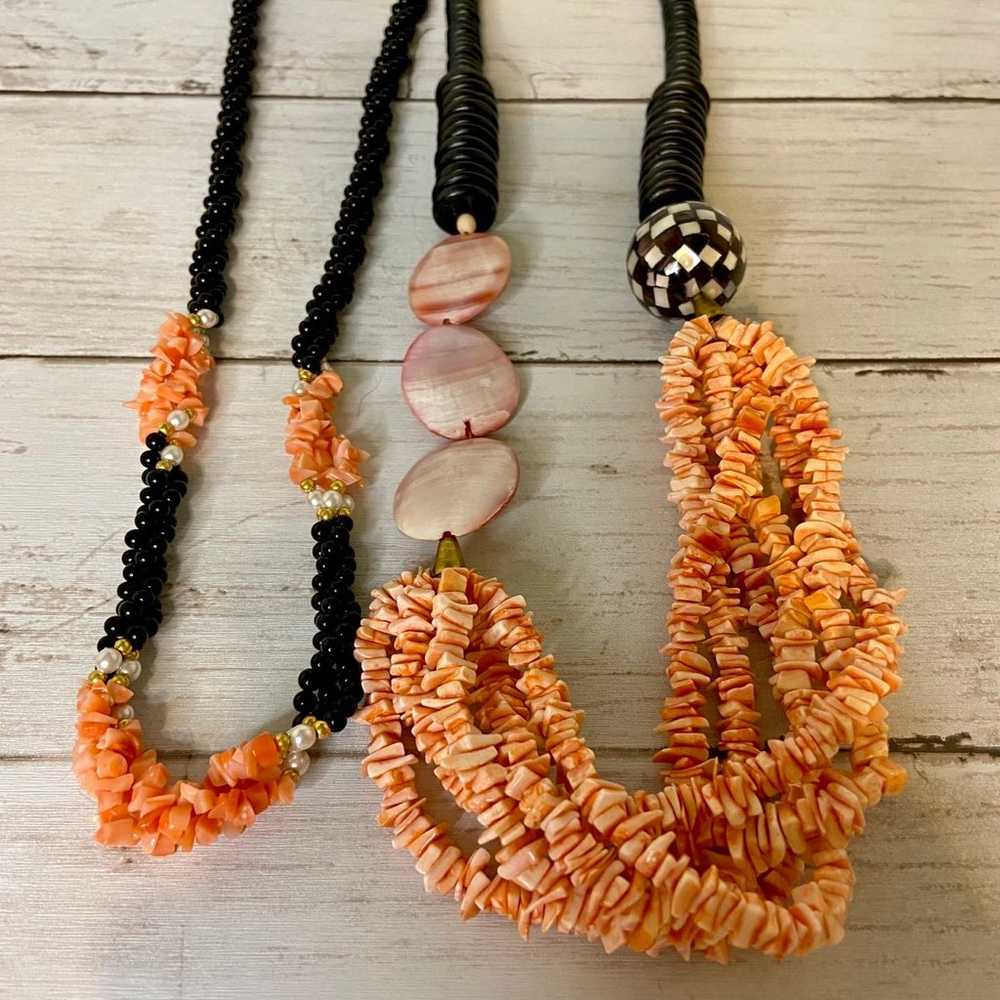 Set of Black & Coral Onyx, Wood & Shell Necklaces - image 2