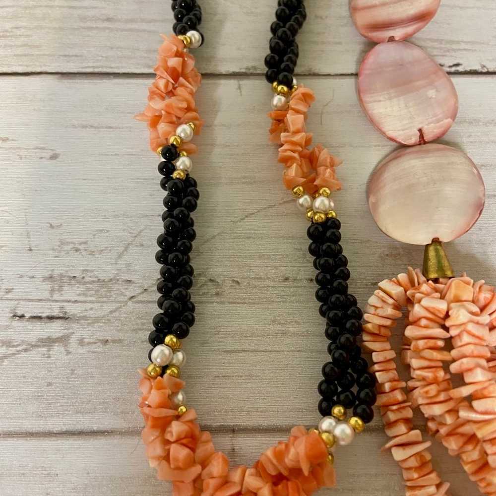 Set of Black & Coral Onyx, Wood & Shell Necklaces - image 3