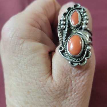Vintage Handmade Coral and Silver Ring - image 1