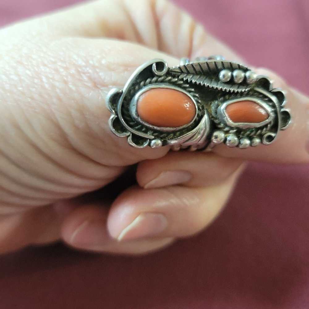 Vintage Handmade Coral and Silver Ring - image 2