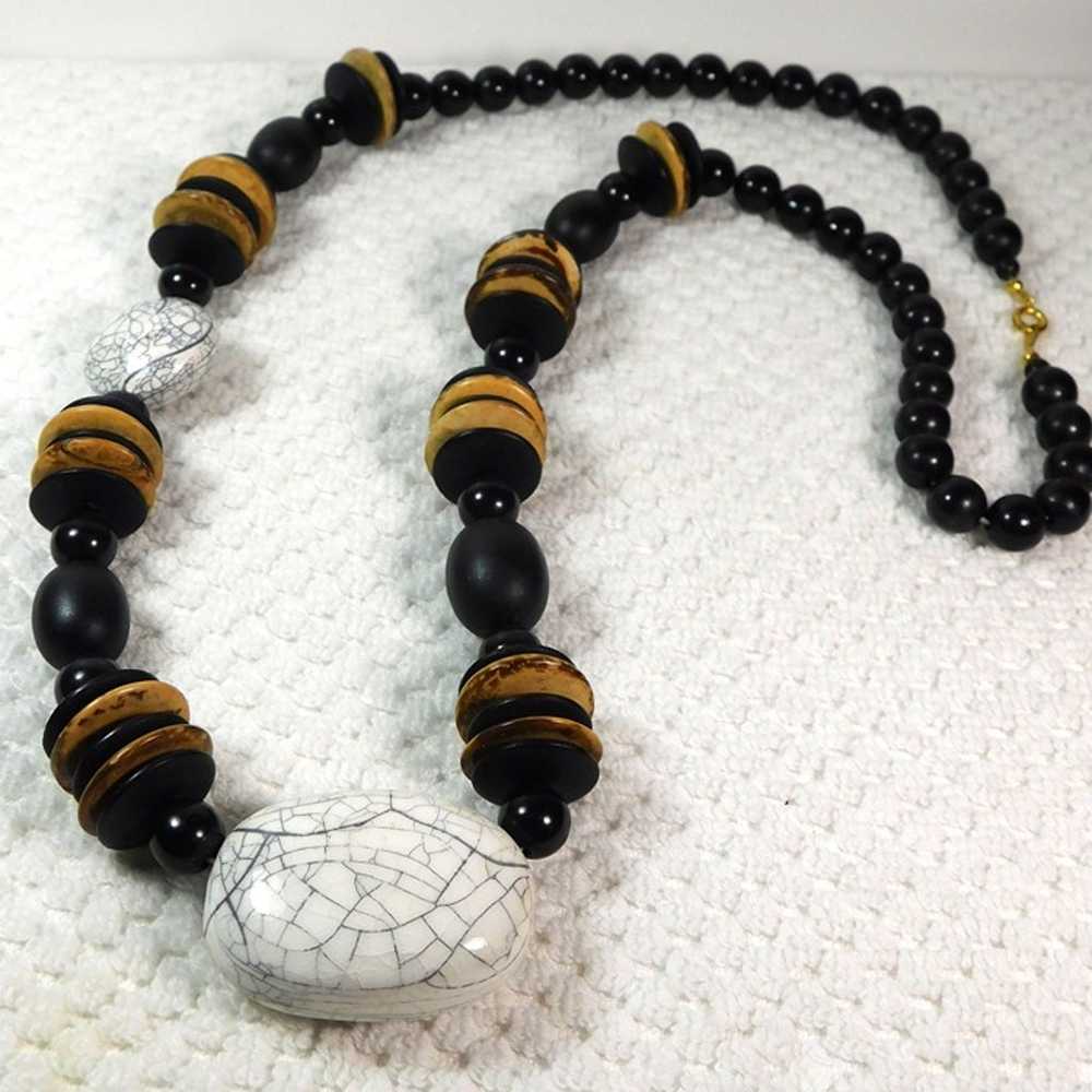 Antique Ceramic and wood beaded Japan Necklace - image 2