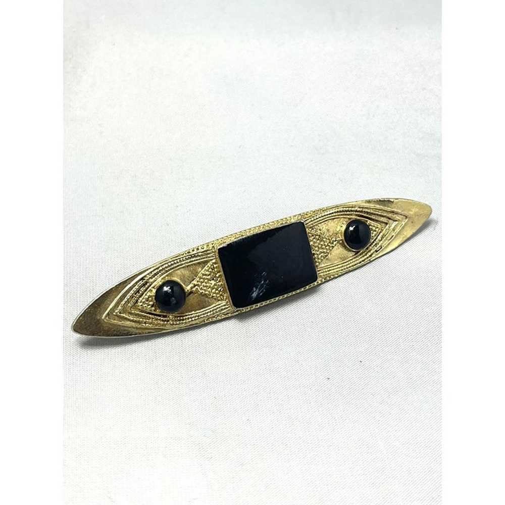 Vintage Black Enamel Gold Brooch Pin - image 3