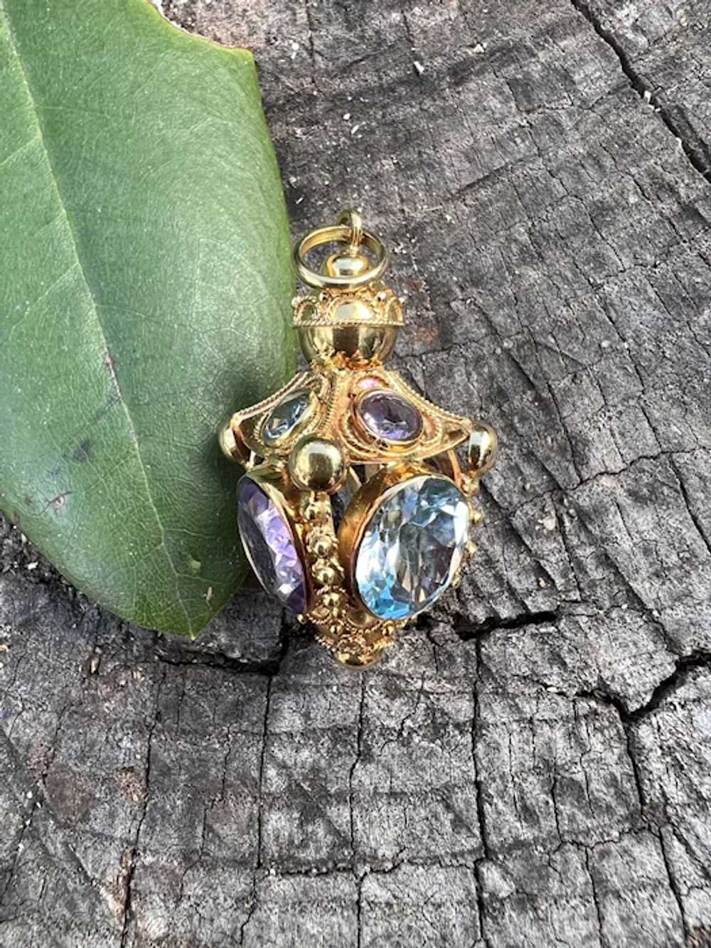 18K Yellow Gold Amethyst and Blue Topaz Venetian … - image 9