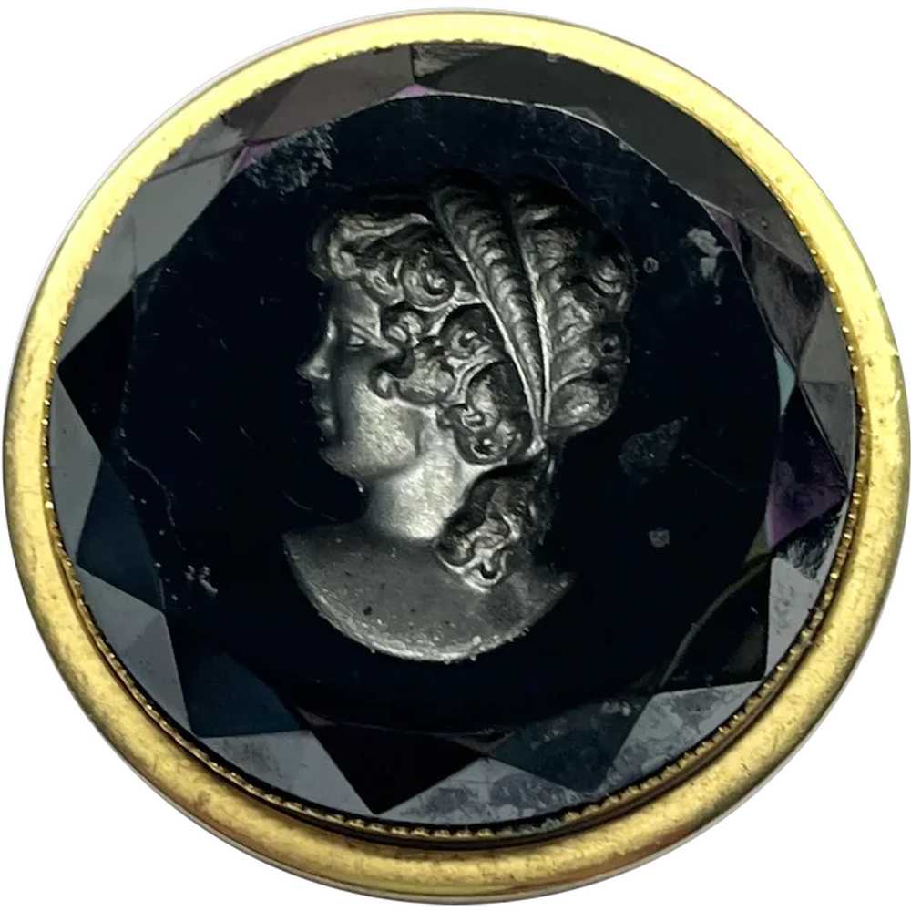 Vintage black glass cameo brooch pin - image 1